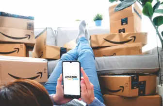 Germany, Rostock Juni 13, 2021: Stack of Amazon Prime packages. woman shopping online at Amazon Prime Day. Distance, home and online shopping
